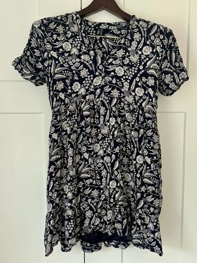 Lucky Brand Navy and White Floral V-Neck Dress